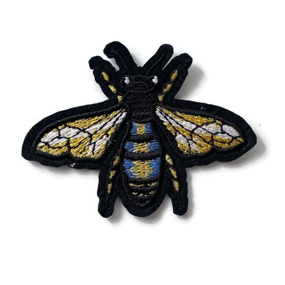 Gold Blue Bee Bug Fly Embroidered Patch - Picture 1 of 3